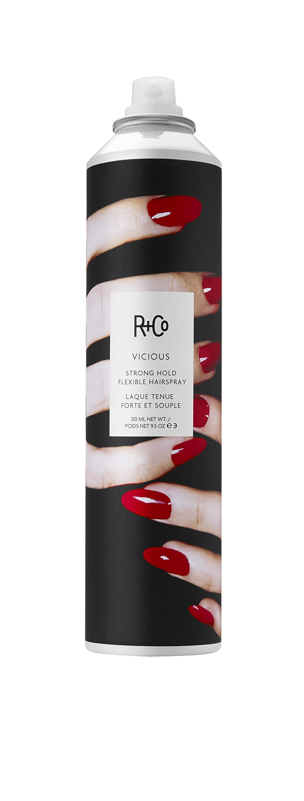 R+Co VICIOUS fijador fuerte en botella de 280 ml para un acabado duradero.