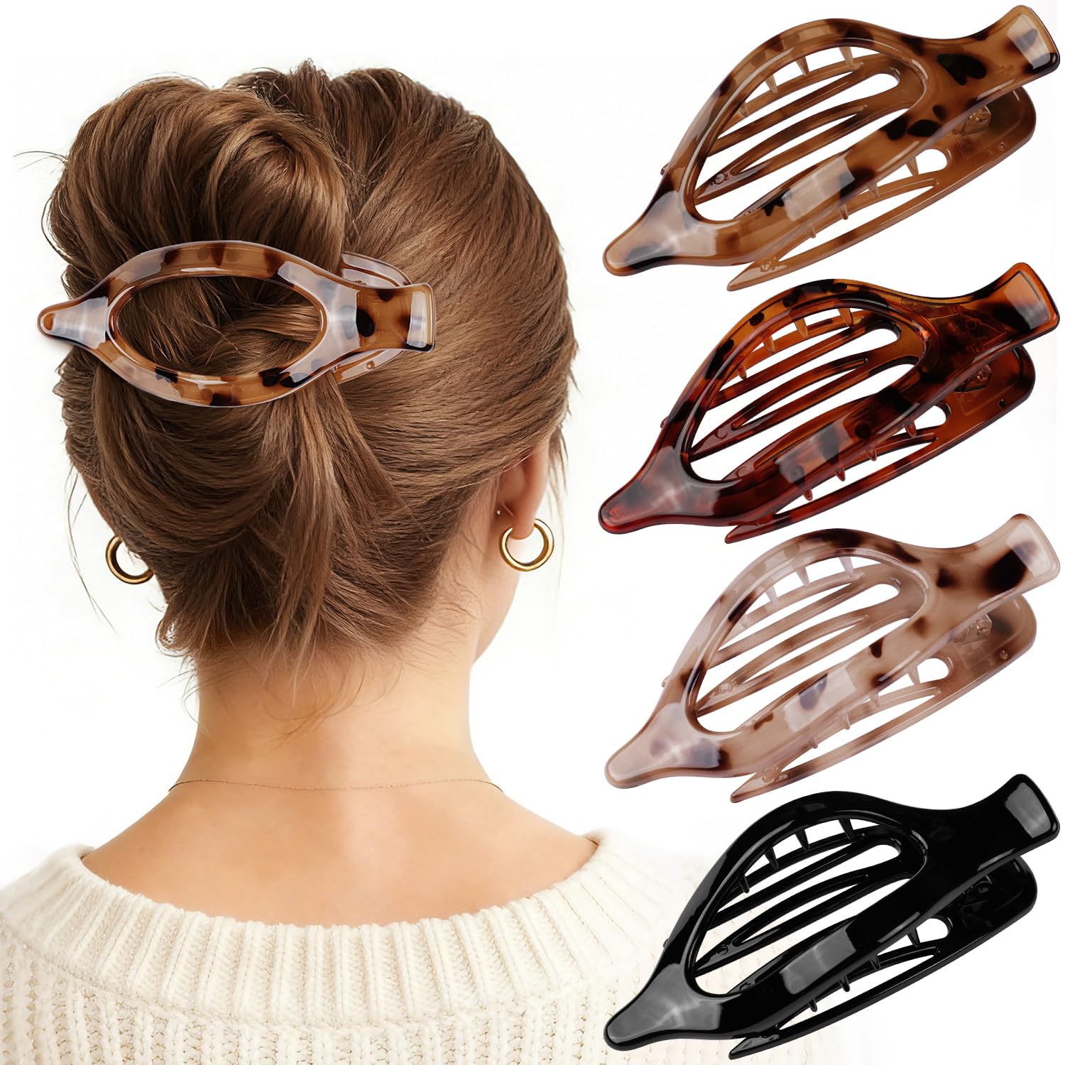 Pinzas planas RDUQM Concord Francés en ámbar Carey, sujeción cómoda para todo tipo de cabello.