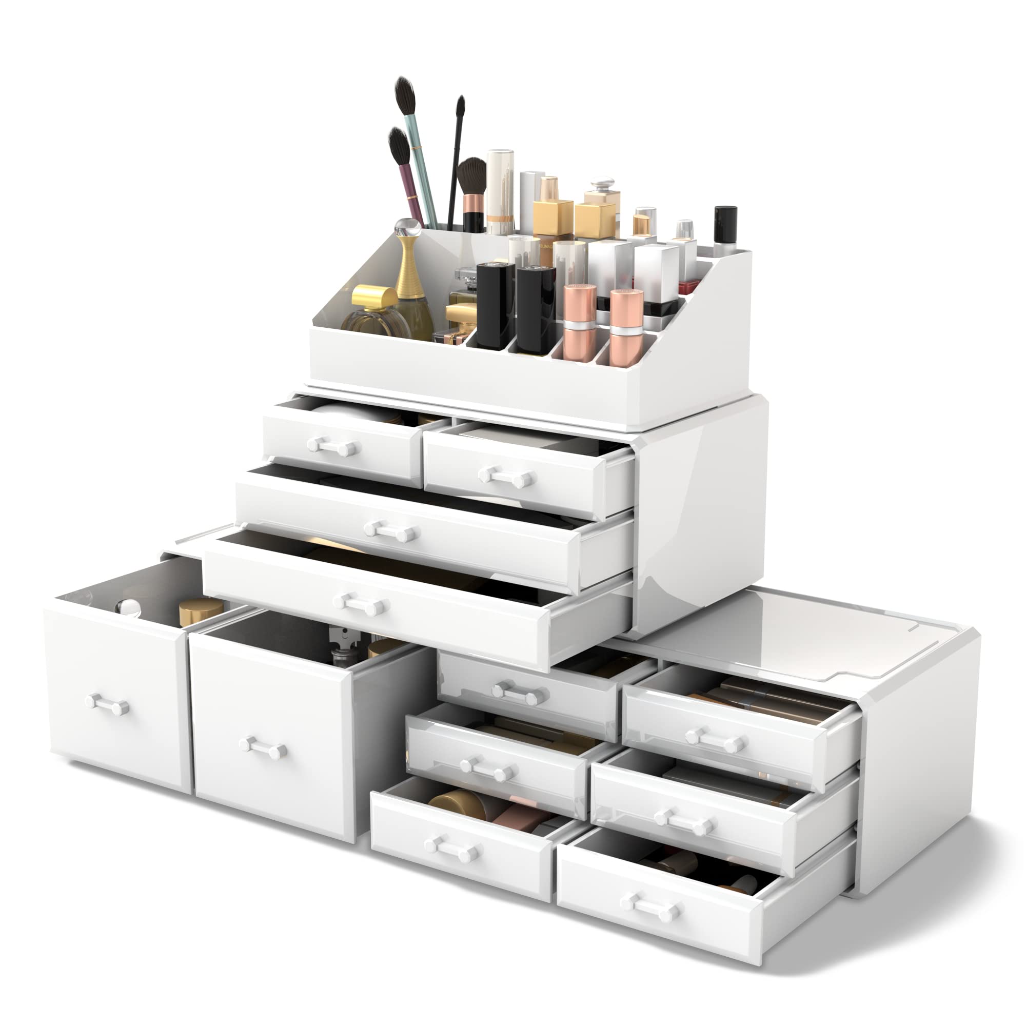 Organizador READAEER con 12 cajones blancos, ideal para ordenar maquillaje diario.