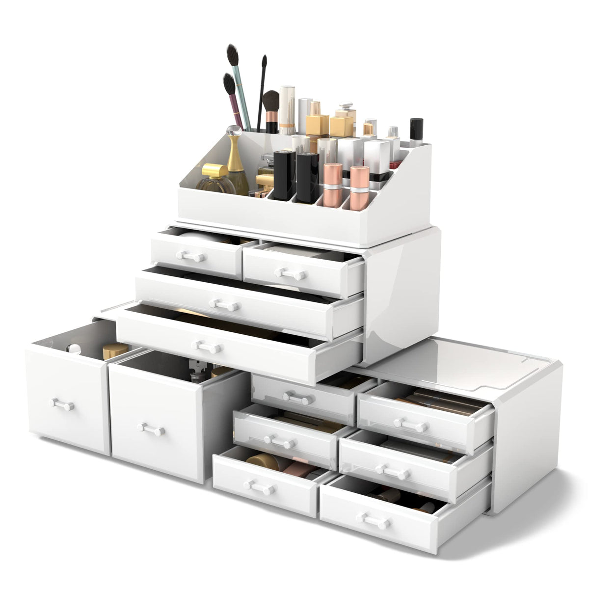 Organizador READAEER con 12 cajones blancos, ideal para ordenar maquillaje diario.