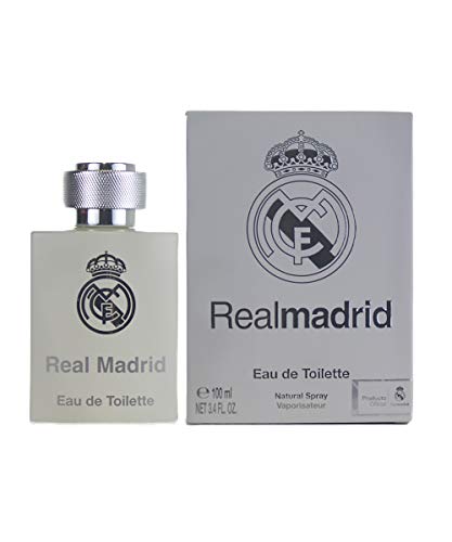 Real Madrid fragancia EDT, envase visible, ofrece aroma duradero para el día.