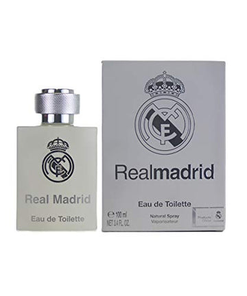 Real Madrid fragancia EDT, envase visible, ofrece aroma duradero para el día.