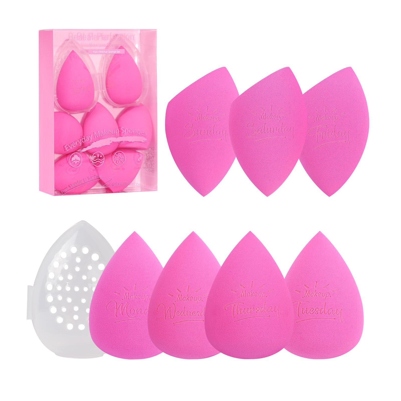 Esponjas Real Perfection con estuche de viaje rosa para retoques en cualquier lugar.