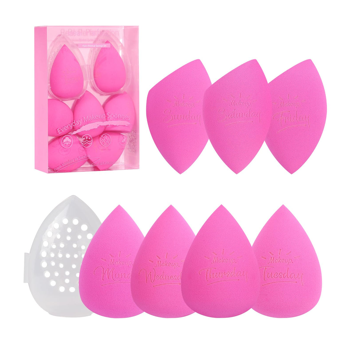 Esponjas Real Perfection con estuche de viaje rosa para retoques en cualquier lugar.