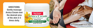 Real Relief Arnica Cream para masaje terapéutico, se aplica suavemente.