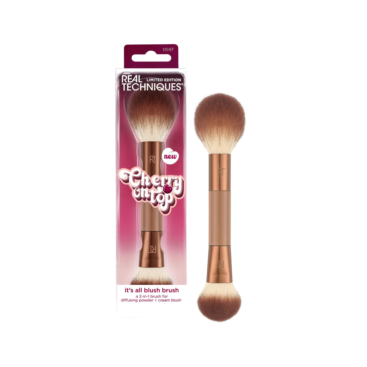 Real Techniques It’s All Blush Brush, cepillo doble para mejillas, difumina rubor con versatilidad