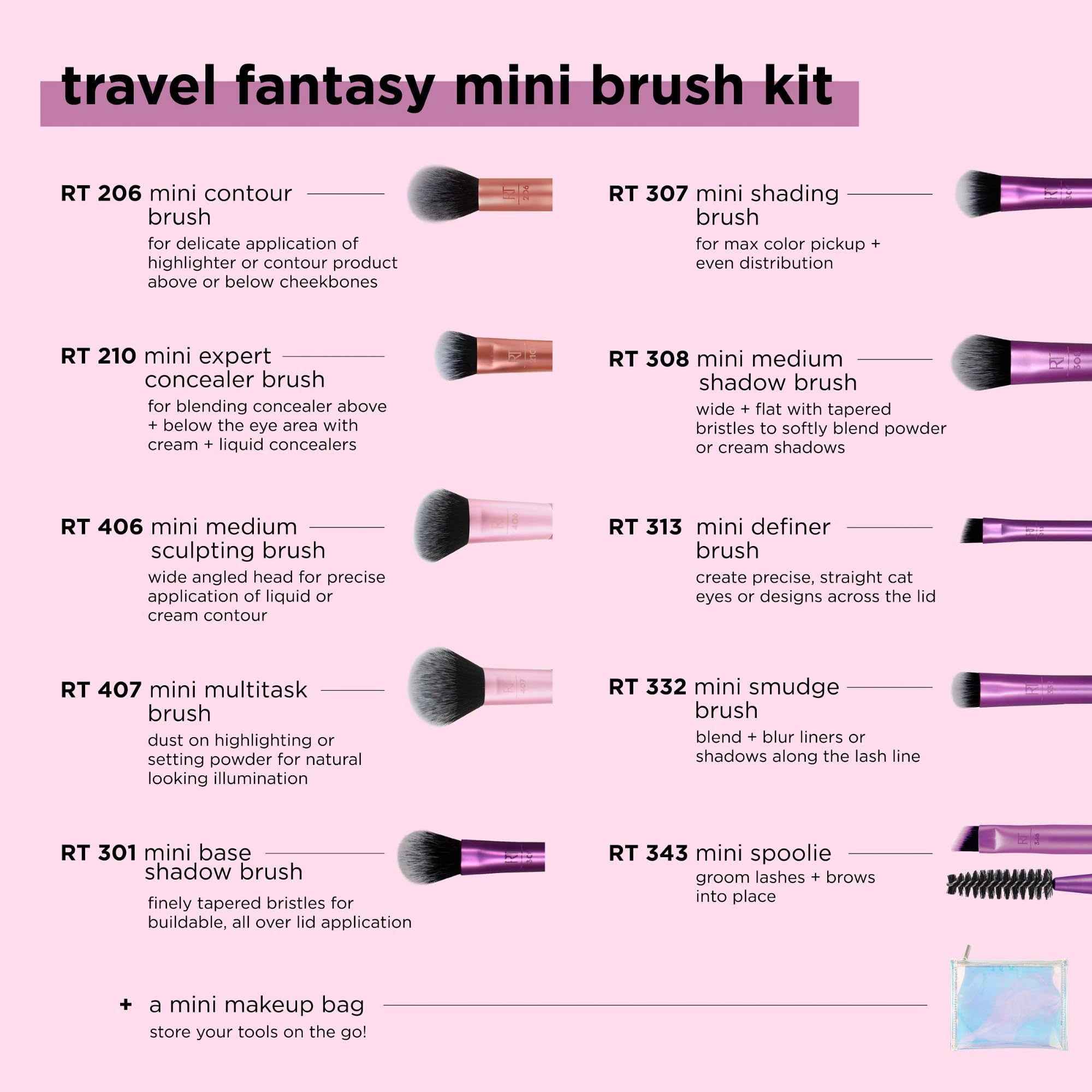 Real Techniques Travel Fantasy Mini: brocha contorno para definición suave y natural.