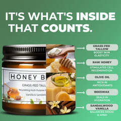 Really Good Blends Tallow Honey Balm ingredients tray; grass-fed tallow and honey nourish skin.
