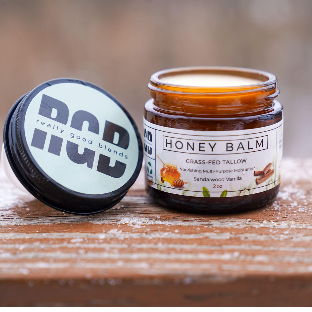 Really Good Blends Tallow Honey Balm sandalwood-vanilla; earthy aroma enhances daily routine.