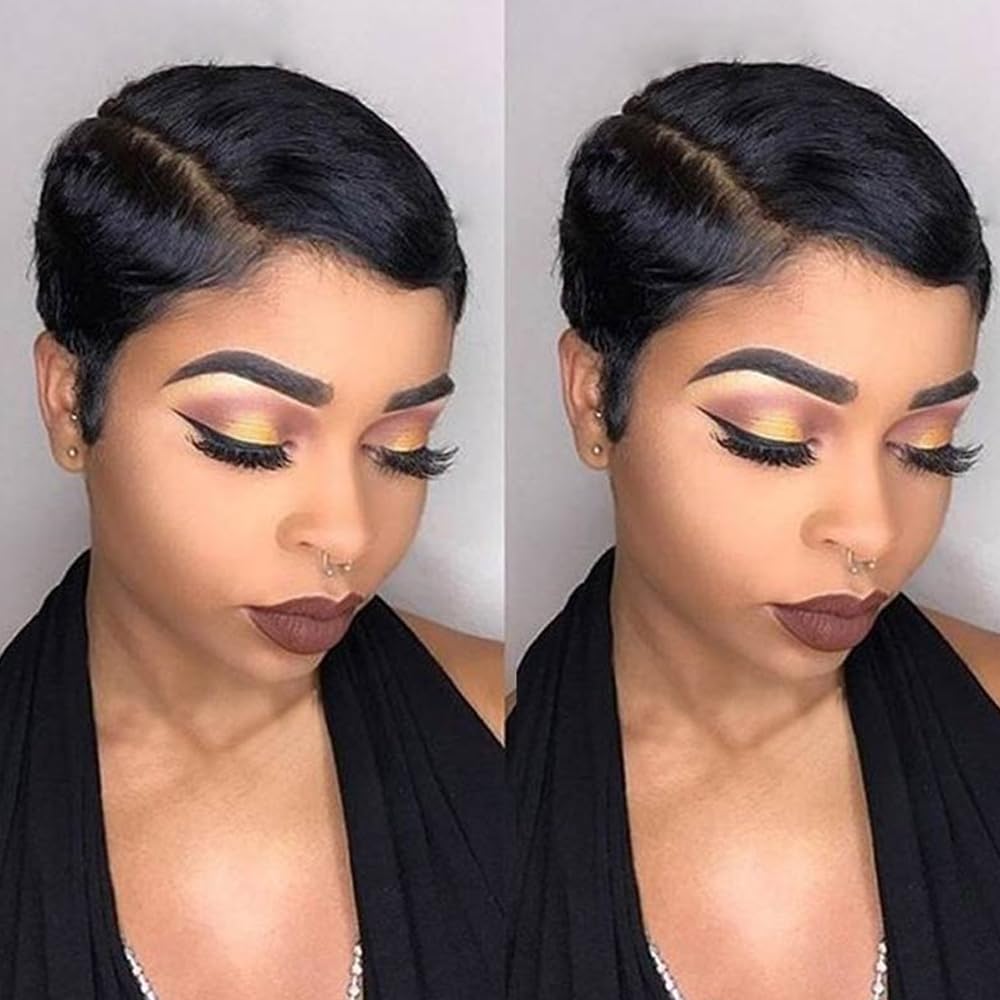 Rebecca Fashion pixie corto frontal de encaje con aspecto natural para uso diario.