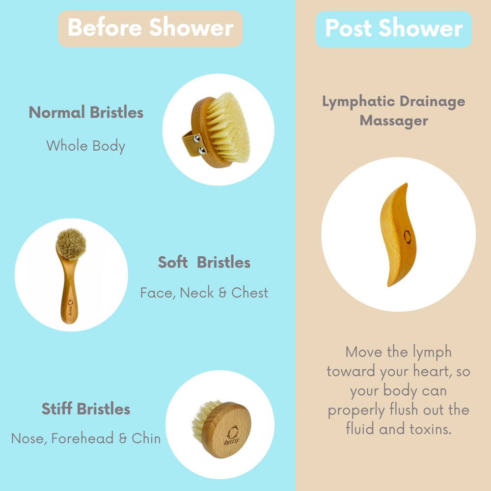 Reccsy cepillo cuerpo seco cerdas naturales, limpieza profunda sin irritación.