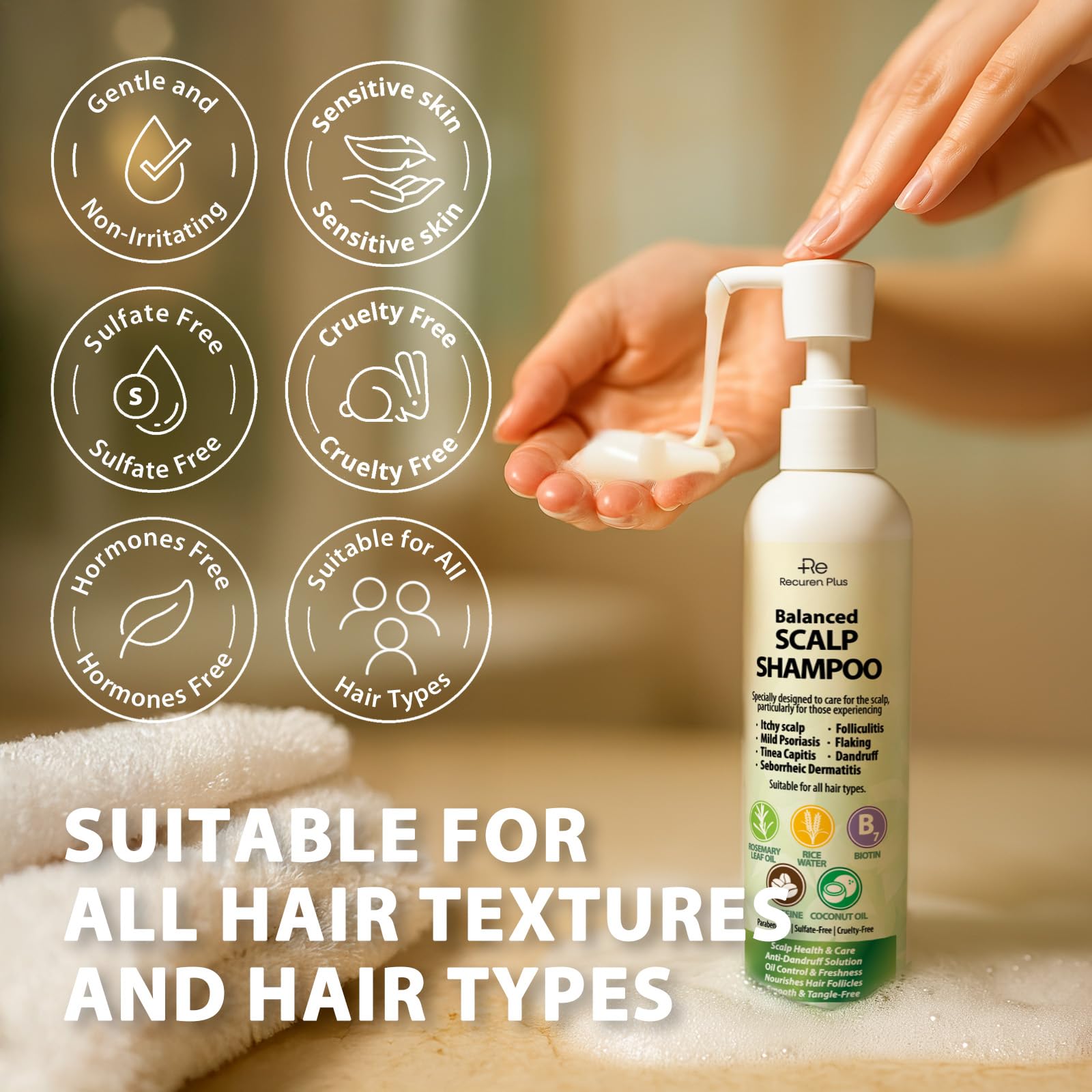 Recuren Plus aplicación-en-cabello, manos masajeando cuero cabelludo para una sensación fresca.
