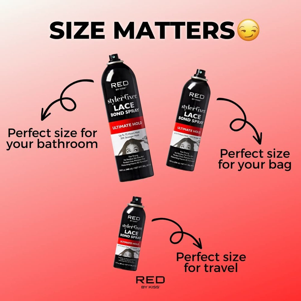 Tres tamaños disponibles para Red by Kiss Lace Bond Spray.