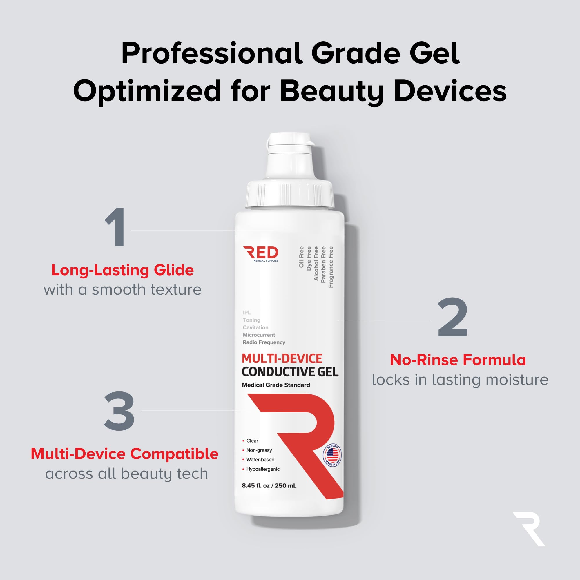 RED Medical Supplies gel conductivo para cuello, deslizamiento suave durante tratamiento facial.