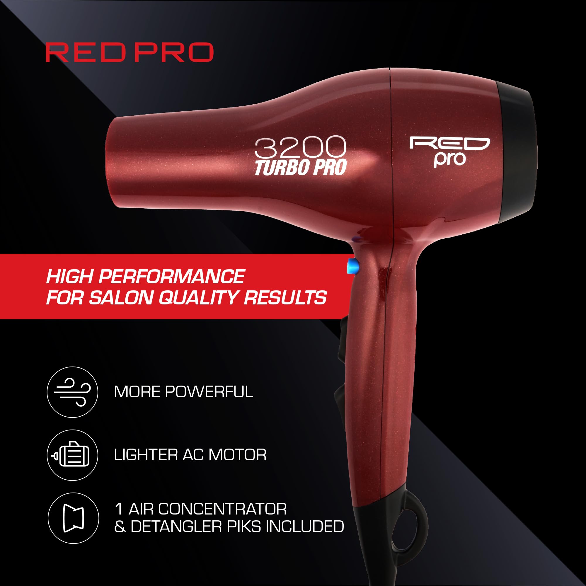 RED PRO ajustes de calor y velocidad para todo tipo de cabello.