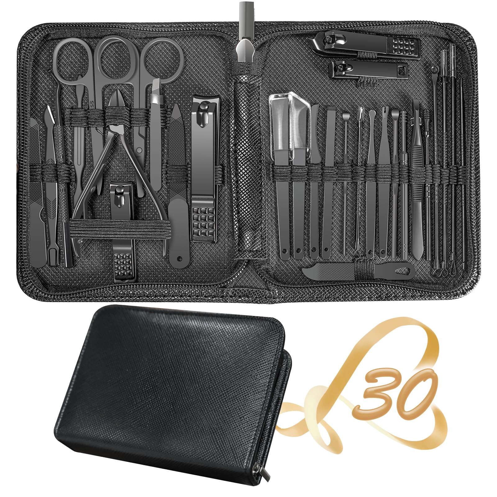 RedFlow set manicura 30 en 1 en caja de cuero negro para viaje