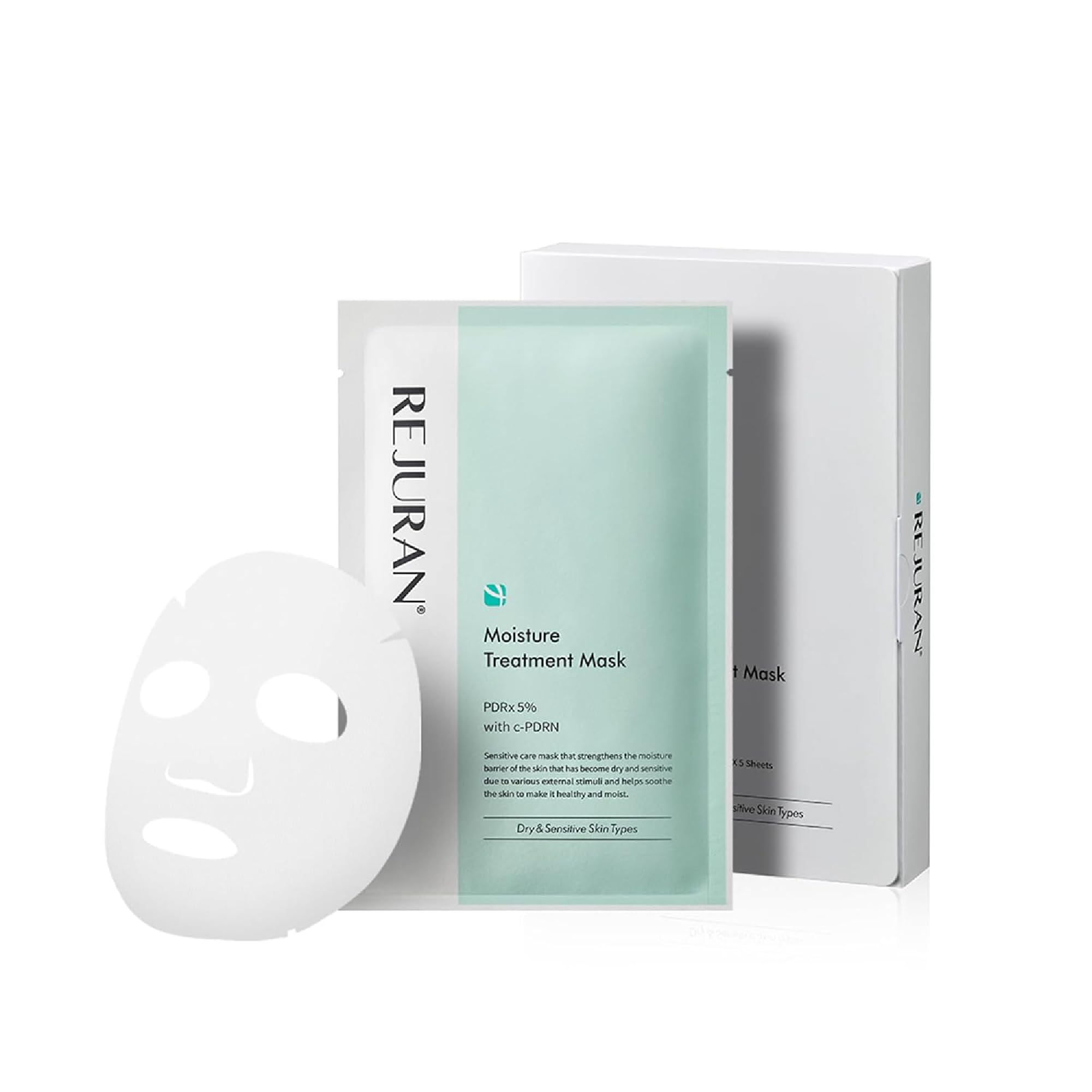 REJURAN mascarilla hidratante 5-pack en empaque, ideal para cuidado diario de la piel.