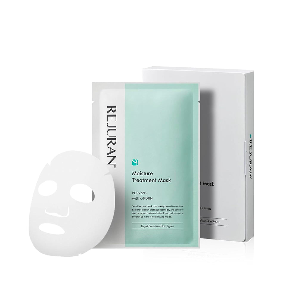 REJURAN mascarilla hidratante 5-pack en empaque, ideal para cuidado diario de la piel.