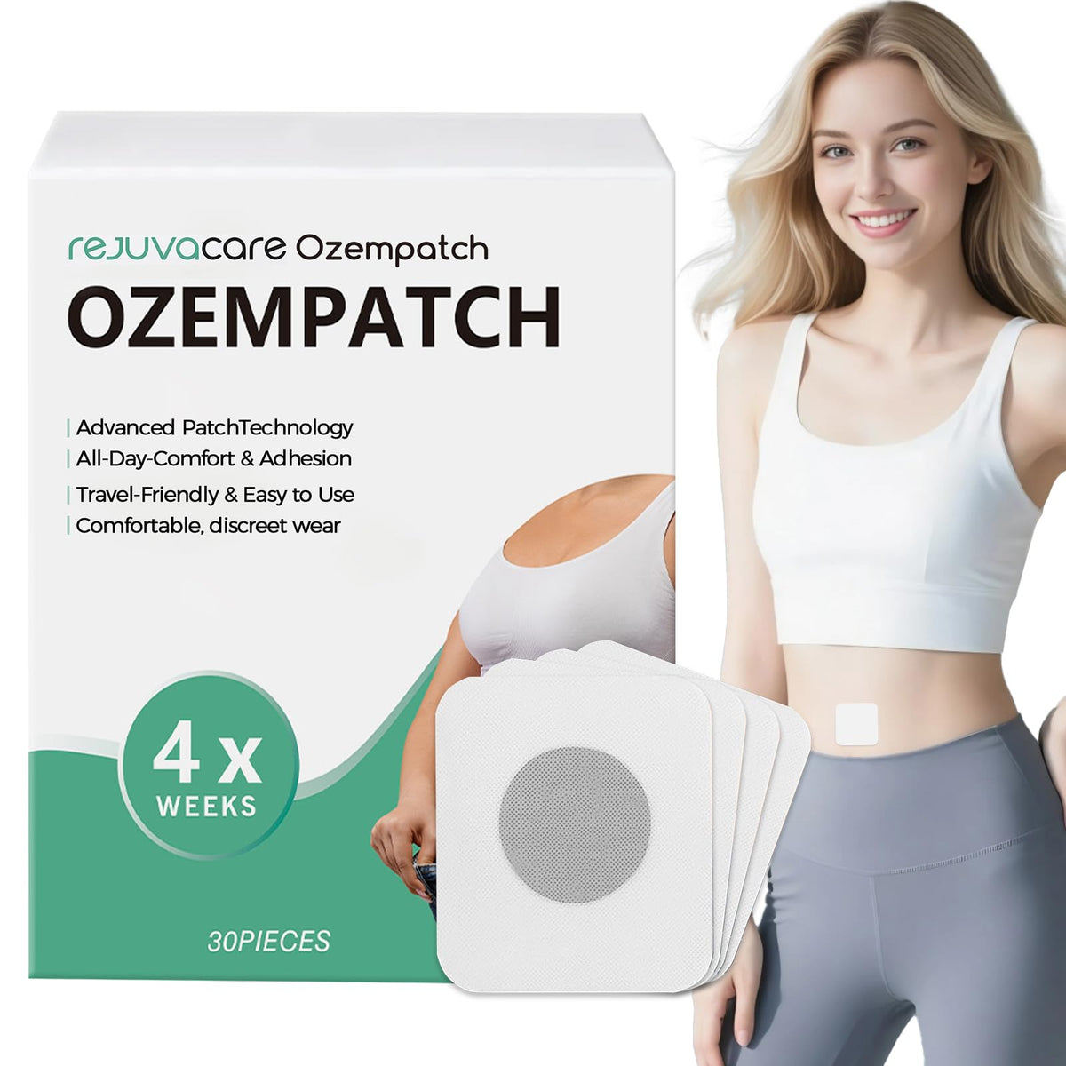 Rejuvacare Ozempatch parche corporal cómodo y discreto para uso diario.