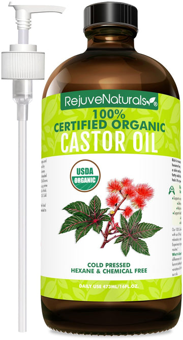 RejuveNaturals Aceite de ricino: botella de vidrio 16 oz para uso cosmético