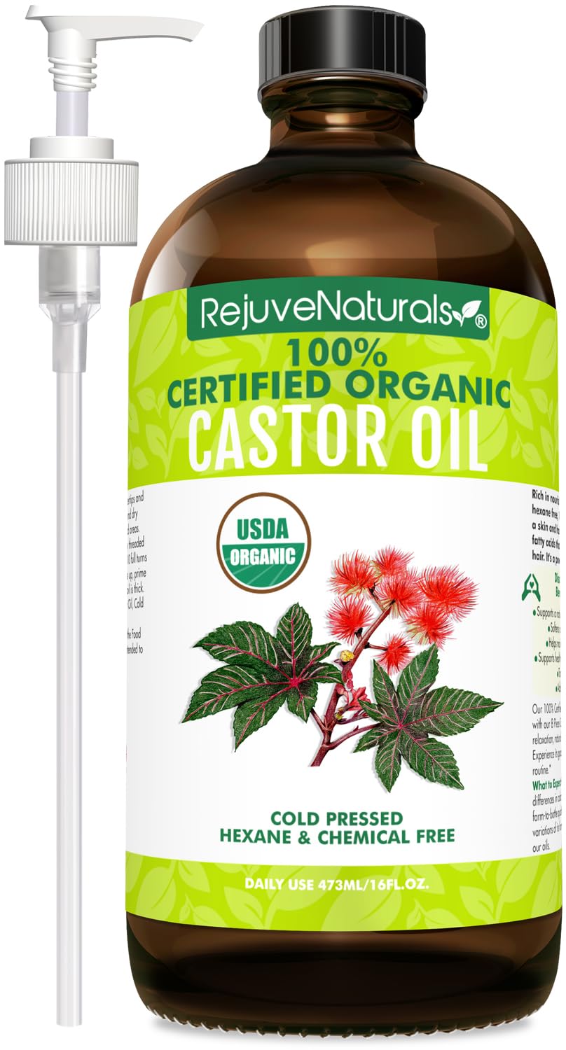 RejuveNaturals Aceite de ricino: botella de vidrio 16 oz para uso cosmético