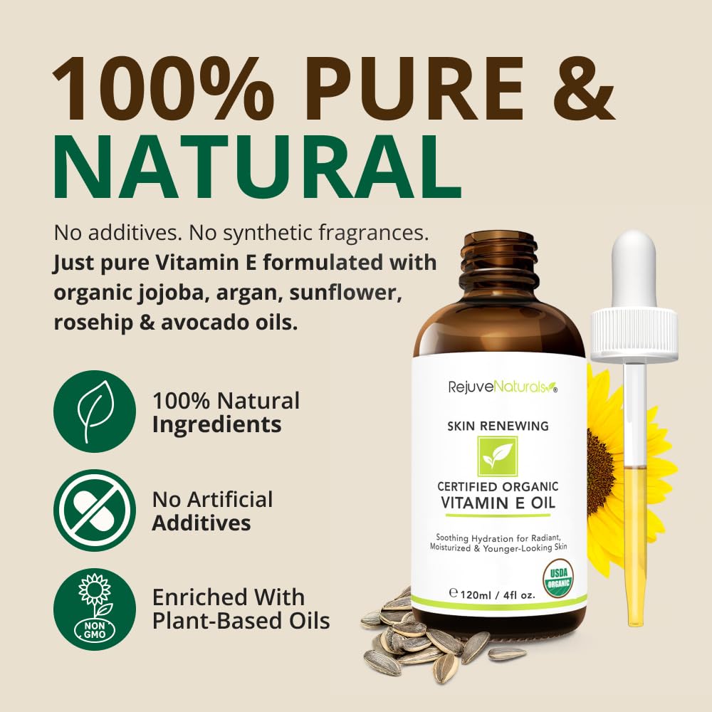 RejuveNaturals Vitamina E aceite, textura seda, aplicación suave.