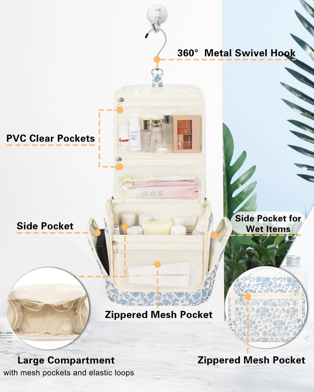 Relavel bolsa de aseo colgante, capacidad amplia para cosméticos.