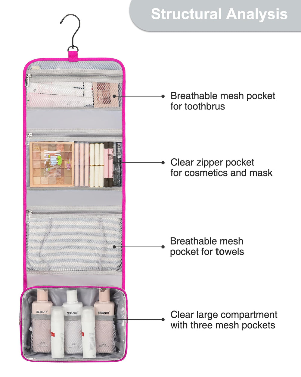 Relavel bolsa apta para gimnasio y duchas, espacio para productos.