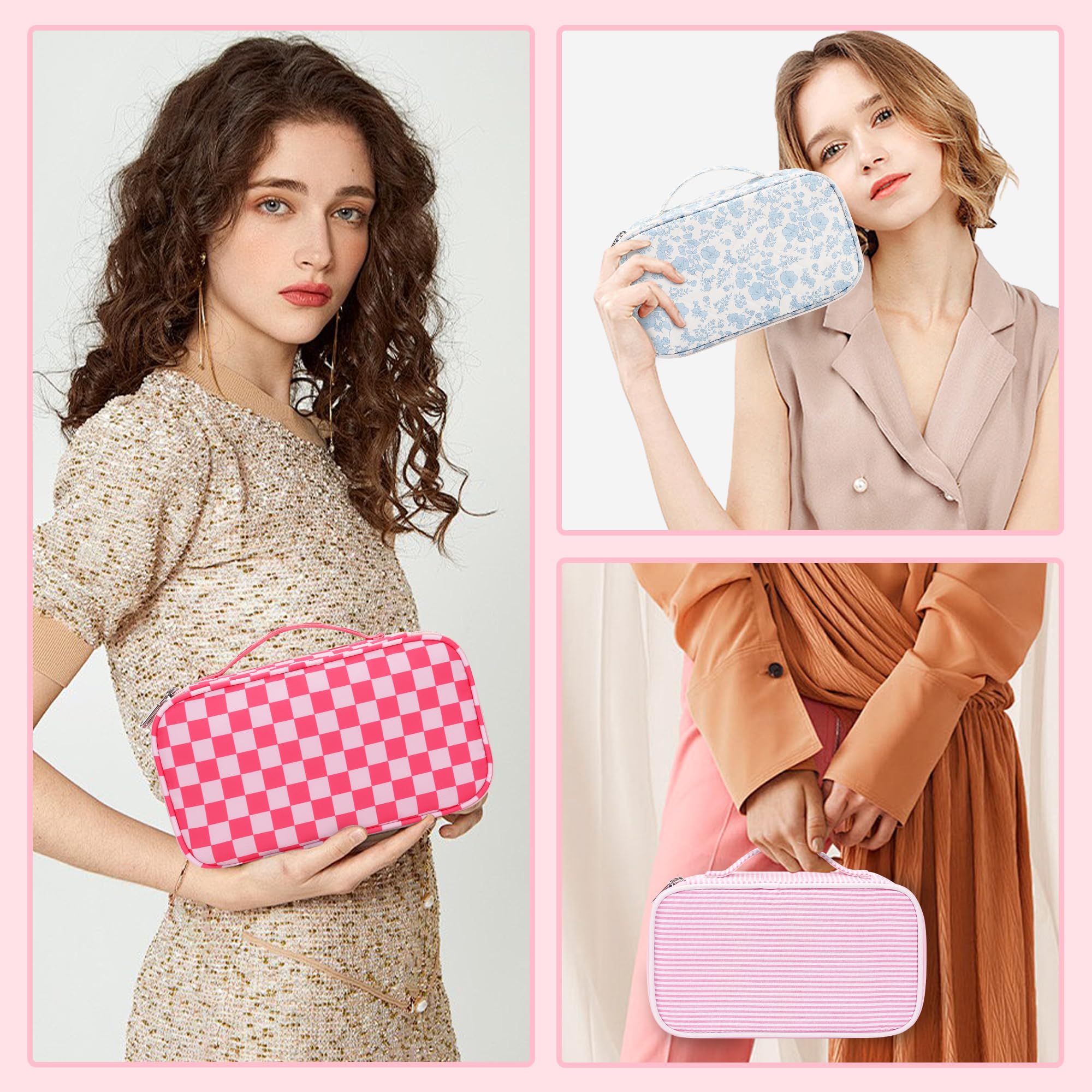 Relavel bolsa de maquillaje rosa, material nylon resistente al agua para viajes y días activos