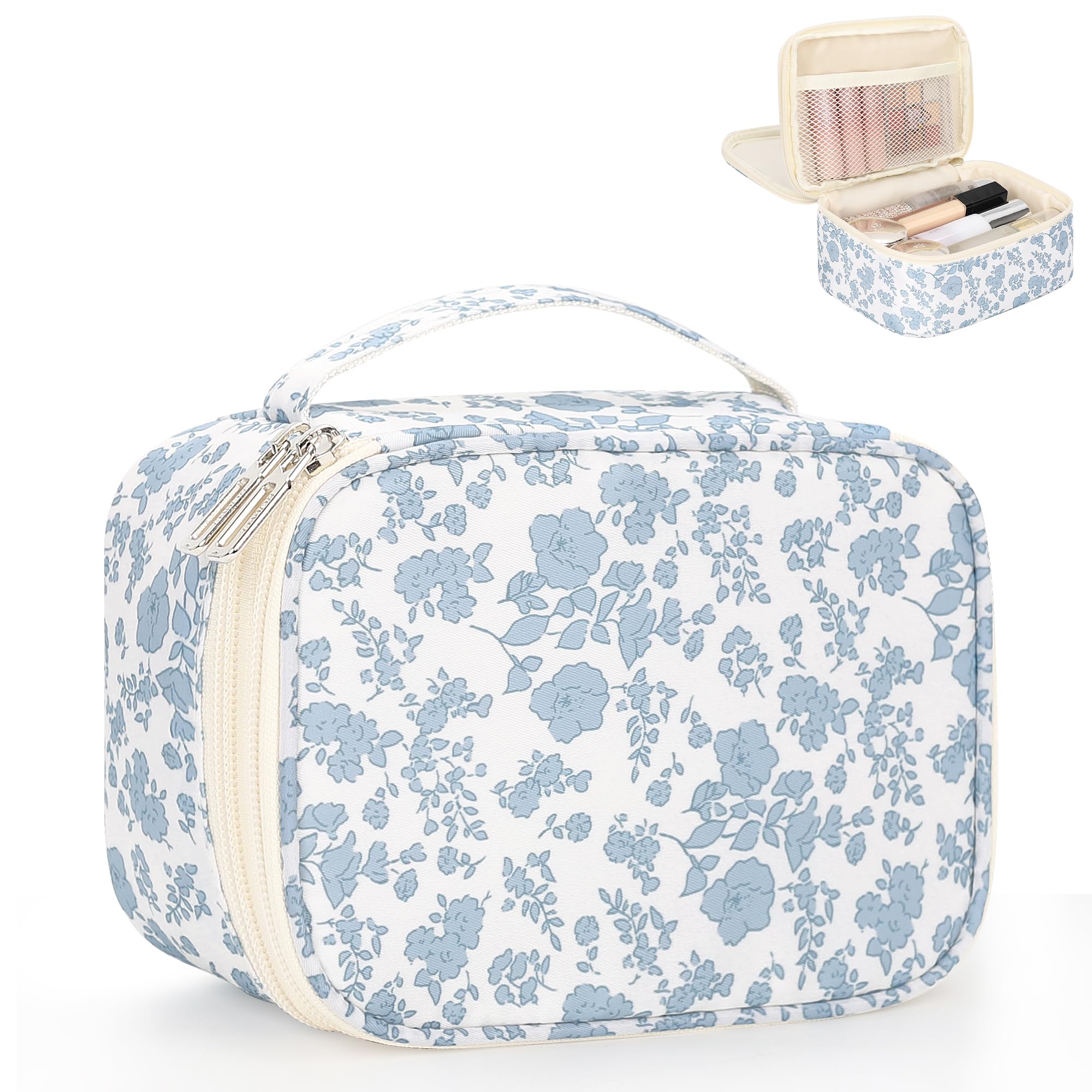 Relavel bolsa de maquillaje viaje flor azul, ideal para guardar básicos.