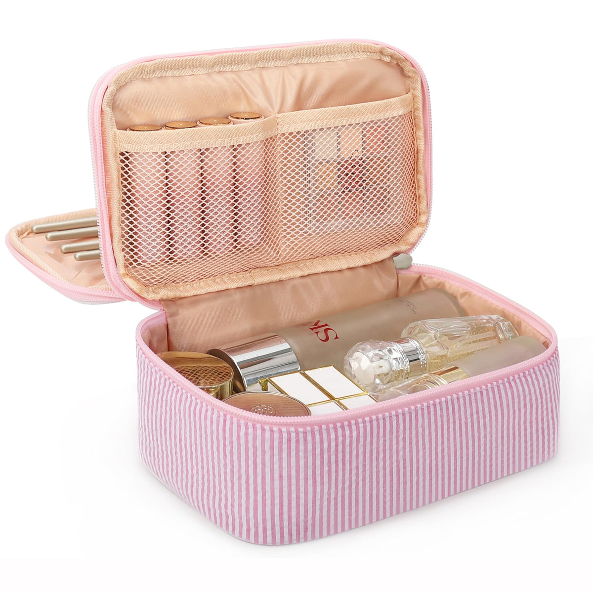 Relavel bolso maquillaje rosa lindo, ideal para organizar productos en casa o de viaje