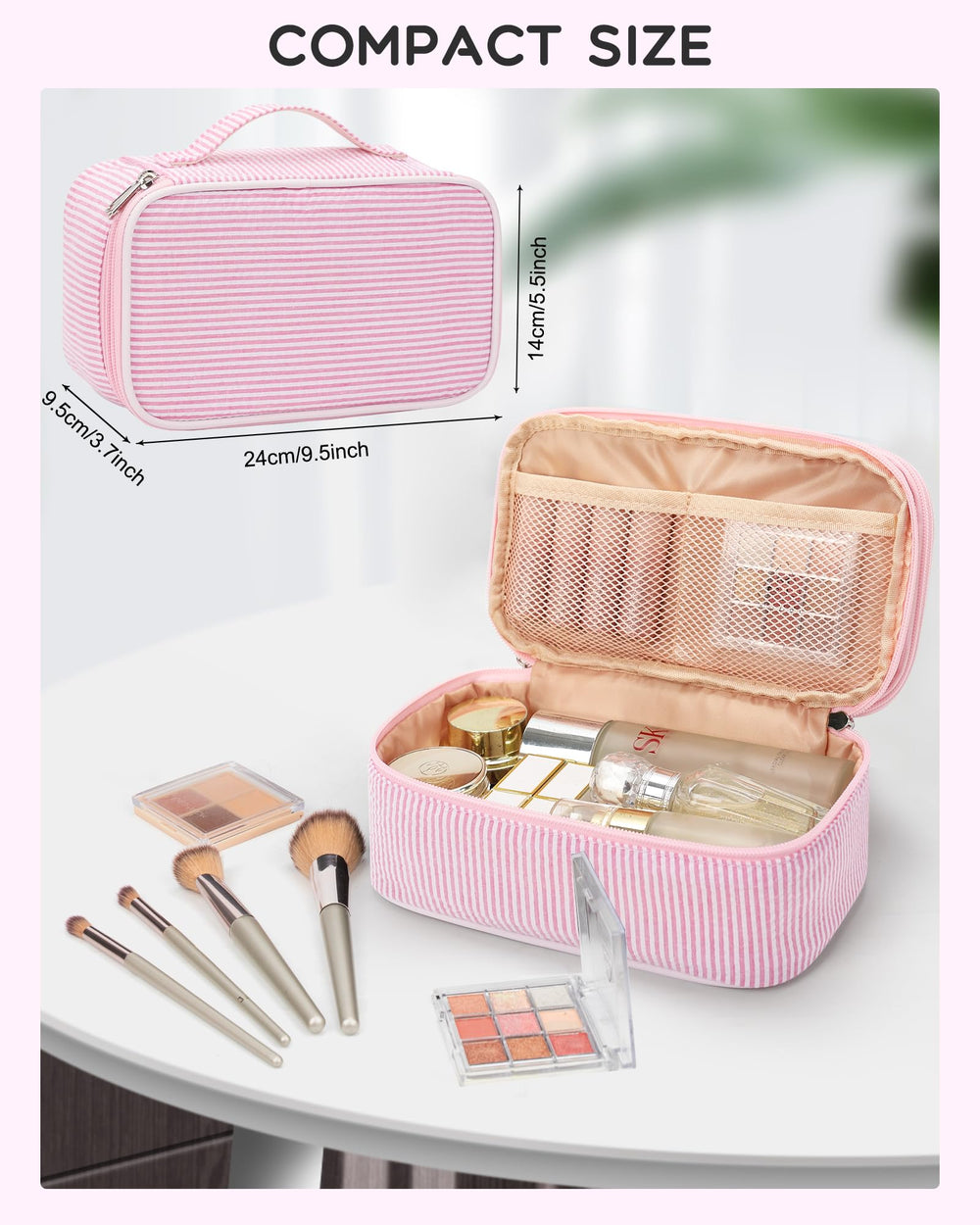 Relavel doble capas bolso maquillaje, espacio dedicado para lápices y brochas