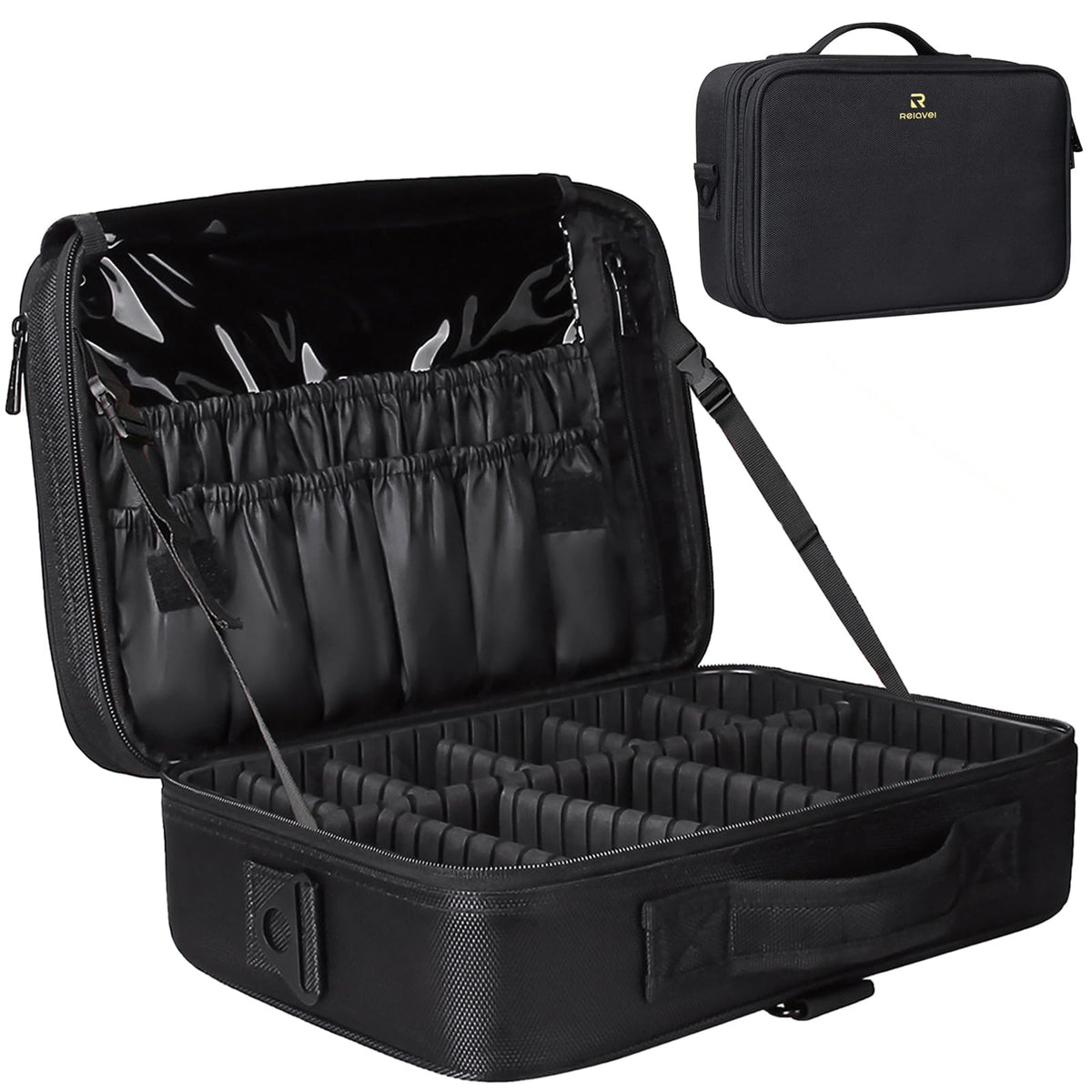 Relavel estuche de maquillaje de viaje con divisores ajustables para organizar cosméticos