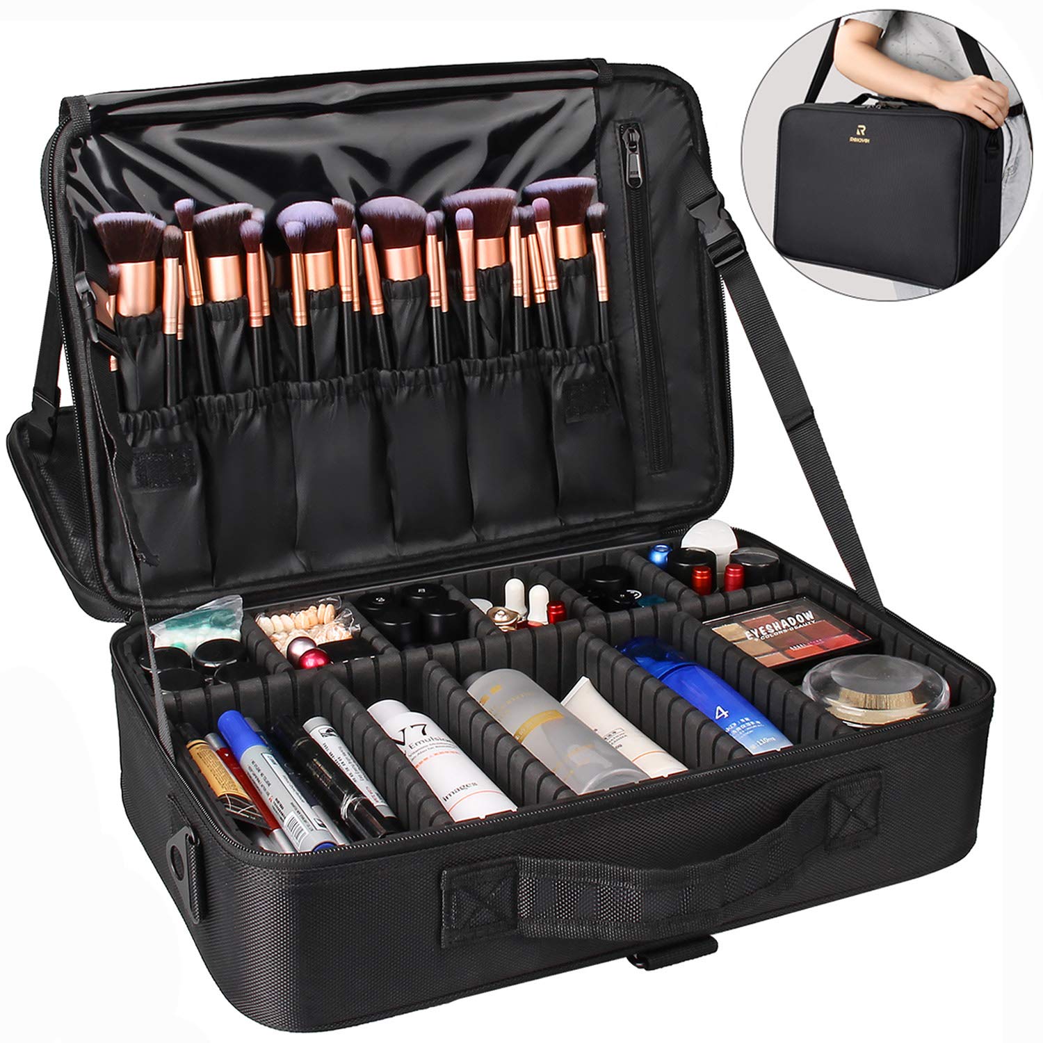 Relavel maletín de maquillaje grande con correa y asa para transporte seguro en eventos.