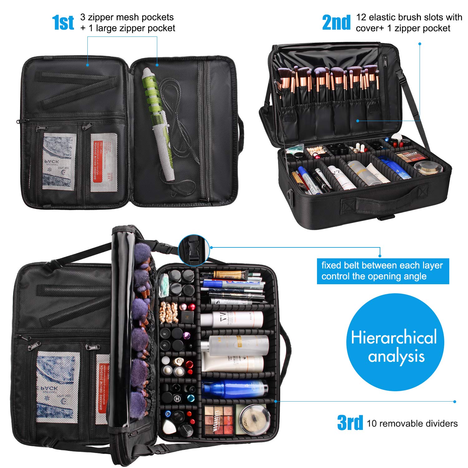 Relavel maletín de 3 capas con bolsillos y ranuras para brochas, organización total.