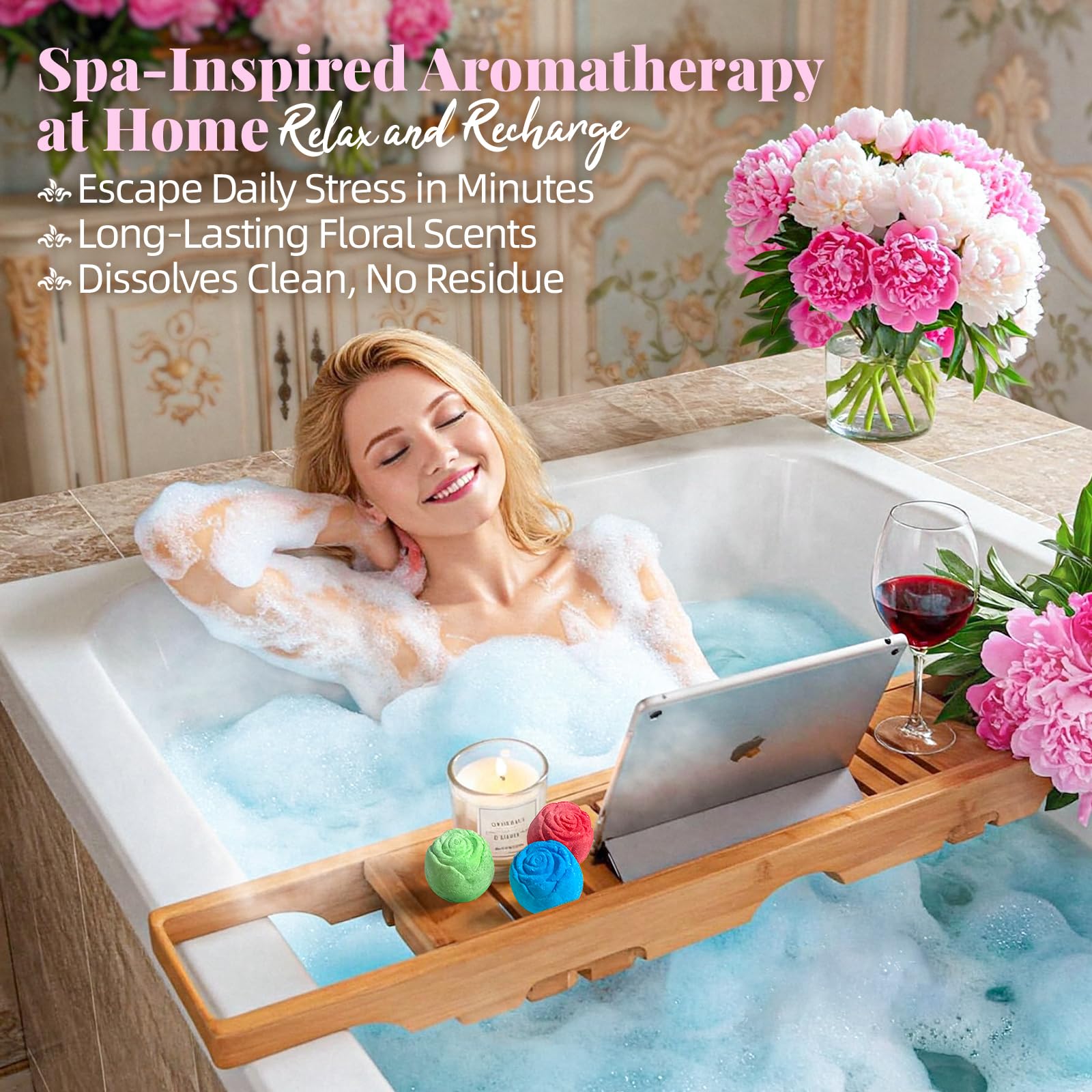 Bombas RelaxRose de magnolia: toque floral para un spa en casa.