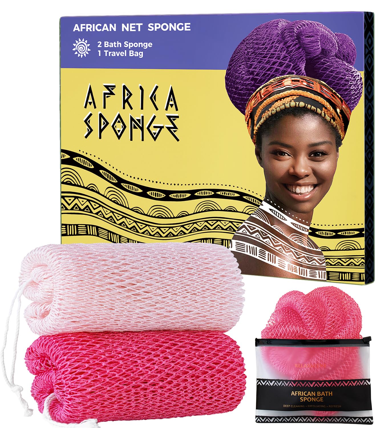 RelaxScene esponja de red africana auténtica, dos piezas, exfolia suavemente en rosa