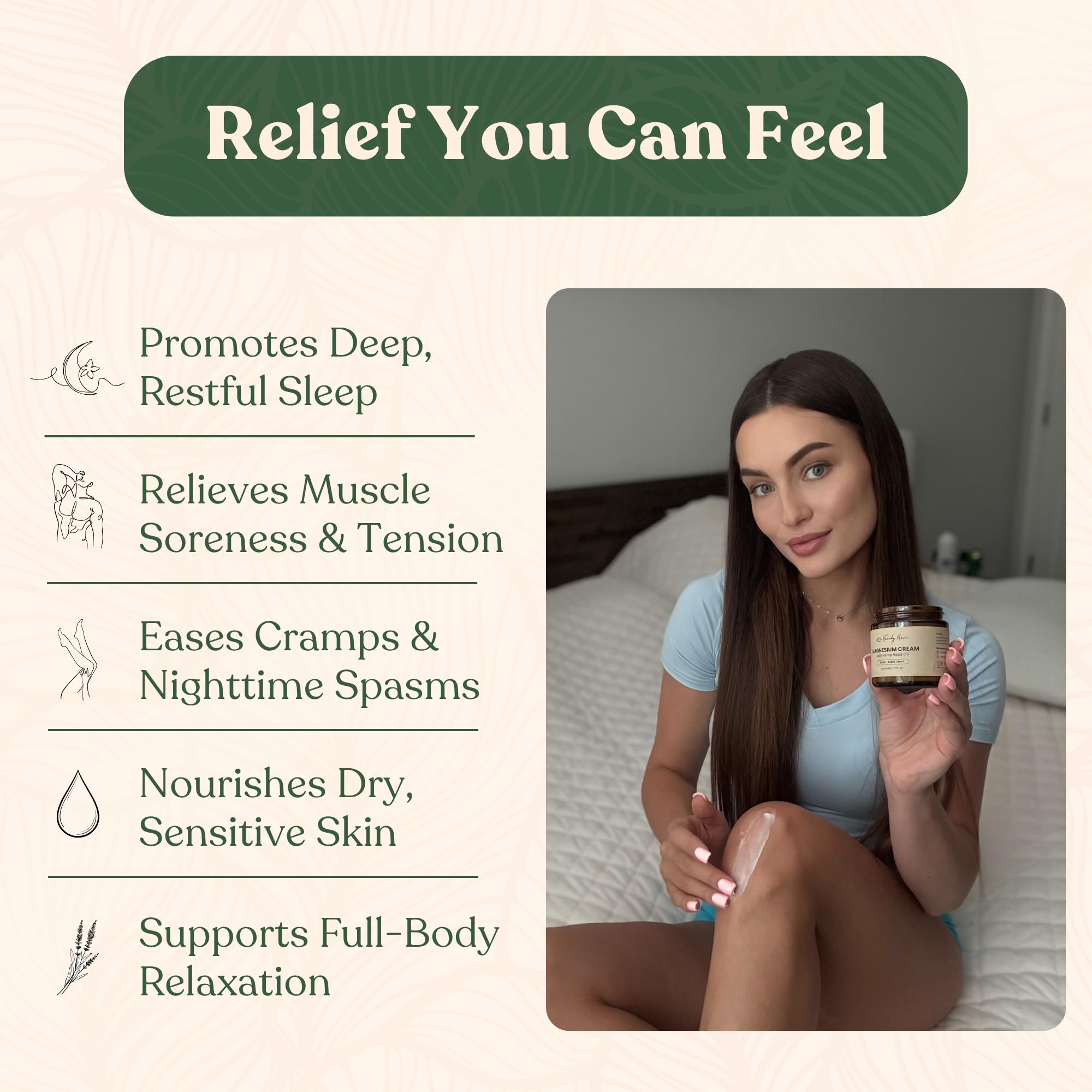 Aplicación suave de Remedy Mama Magnesio para calmar músculos