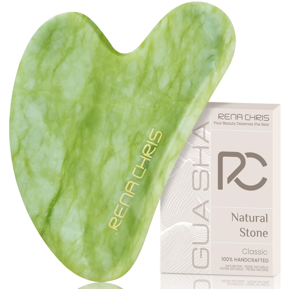 Rena Chris gua sha facial, herramienta de jade, para favorecer la circulación y relajación de la piel