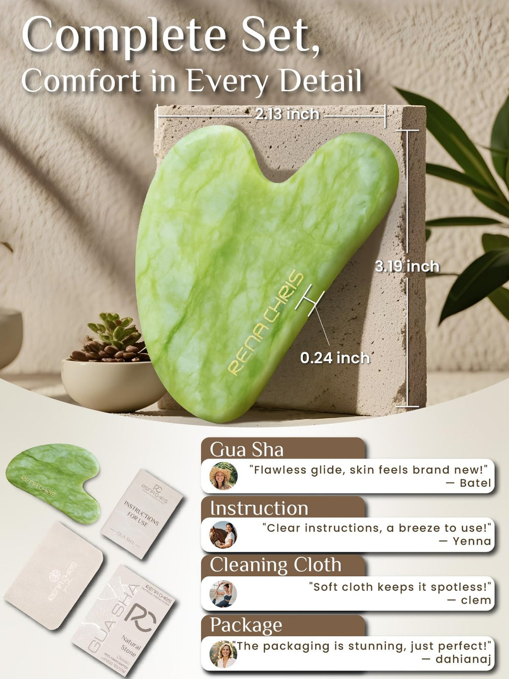 Rena Chris gua sha jade Xiuyan, primer plano para realzar luminosidad y relajación