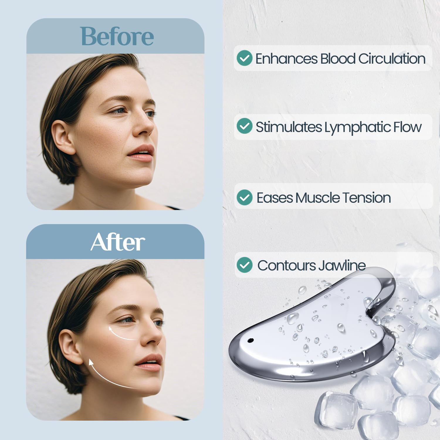 Rena Chris Gua Sha, uso suave para aliviar tensión facial.