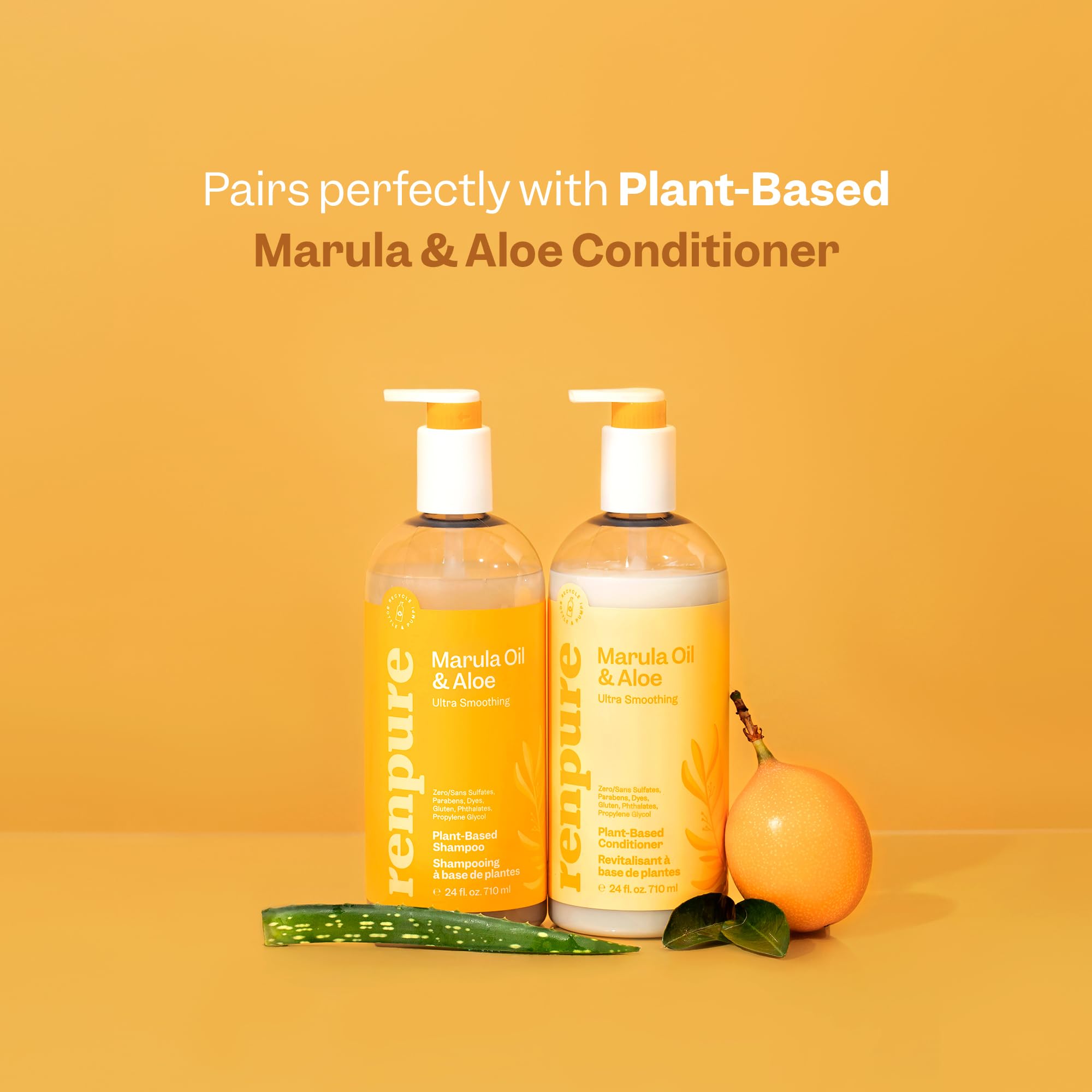 Renpure champú Marula Aloe: escena de lavado para cabello más suave y manejable.