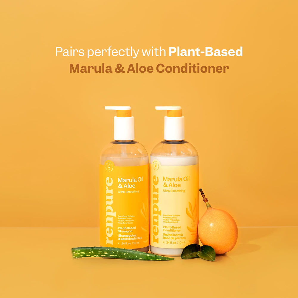 Renpure champú Marula Aloe: escena de lavado para cabello más suave y manejable.