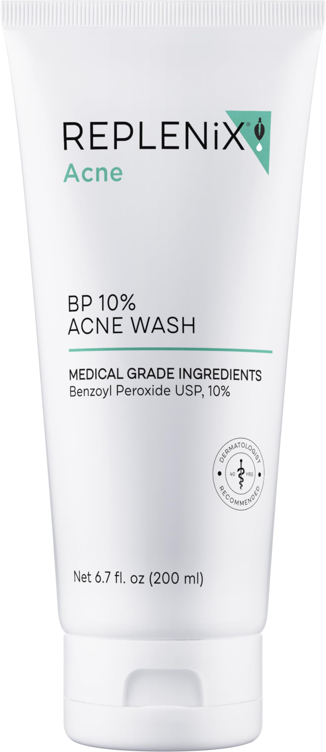 Replenix BP Acne Face Wash, botella-vertido, limpieza suave para piel propensa al acné.