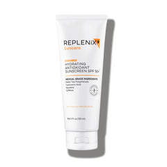 Replenix Écran Solaire SPF50, bouteille élégante, protection antioxydante pour la peau.