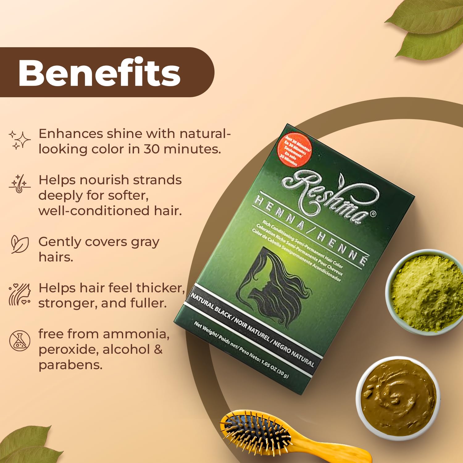Reshma Beauty Henna cabello negro con brillo y aspecto lleno.