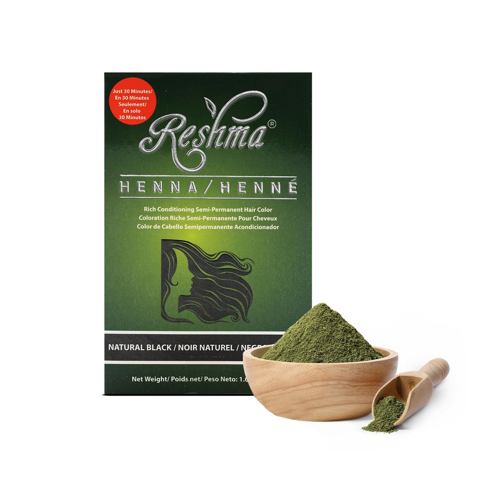 Reshma Beauty Henna polvo en empaque para teñido natural y suave.