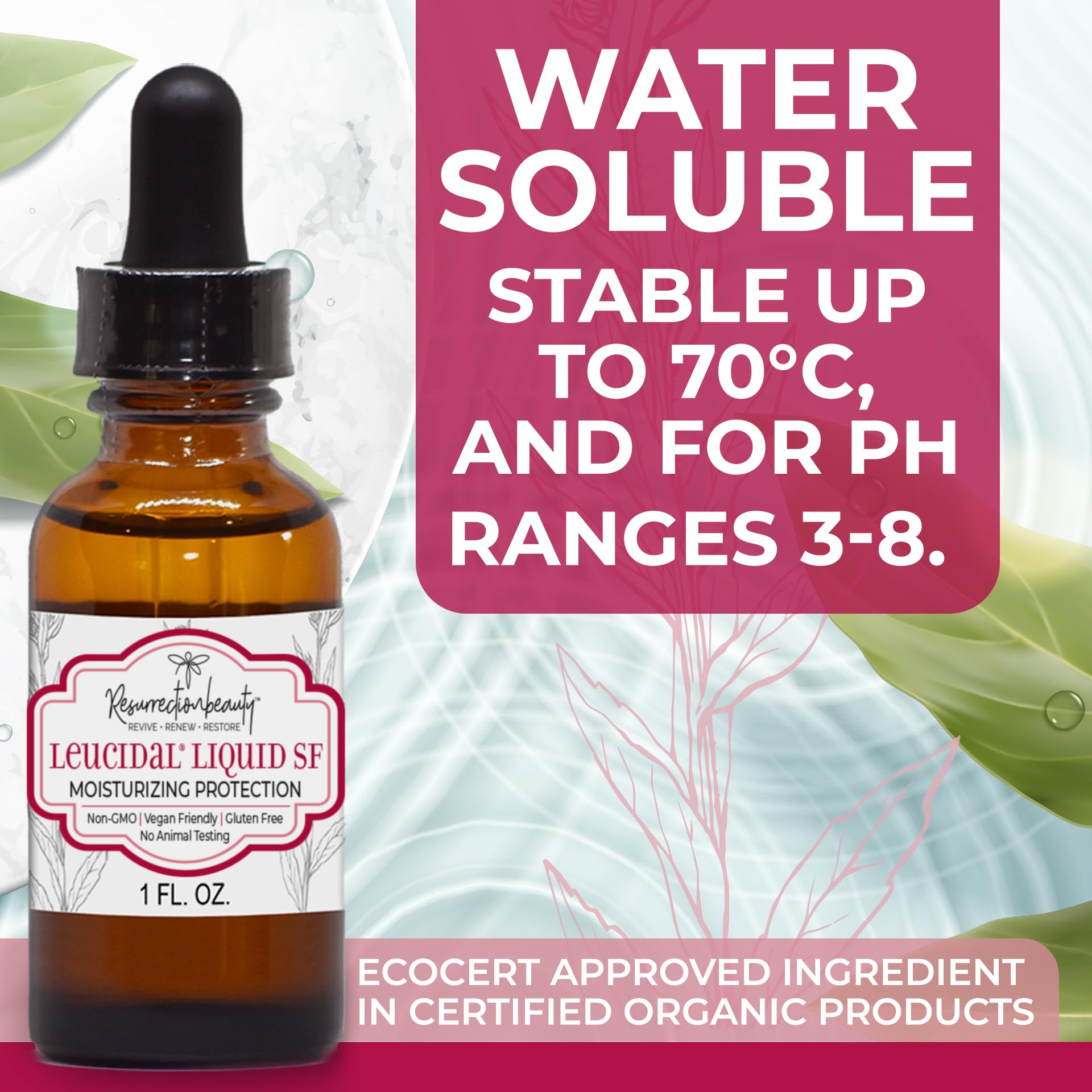 RESURRECTIONbeauty Leucidal Liquid SF envase con etiqueta, opción ecológica para productos certificados