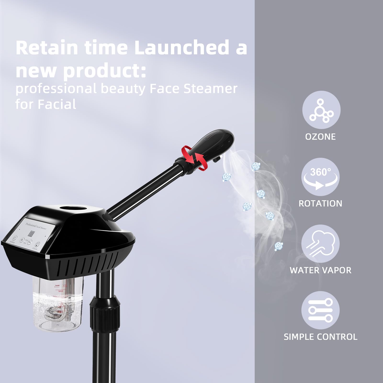 Retain Time vapor facial altura ajustable para diferentes estaturas y posiciones.