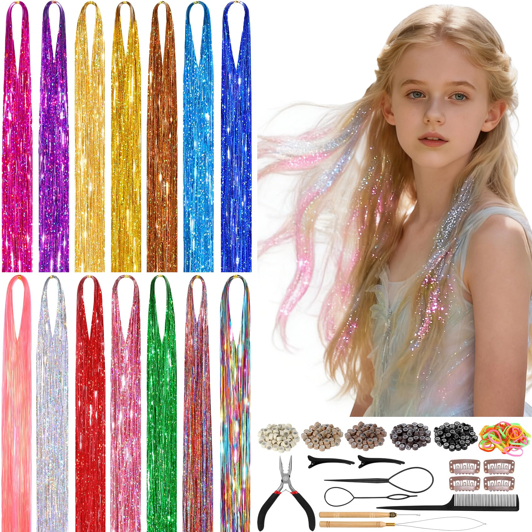 Revahope hilos de purpurina para el cabello, 14 colores para estilizar el peinado.